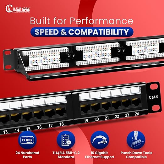 NewYork Cables 24 Port Cat6 Patch Panel, 10Gb Ethernet, 1U 19-Inch Rack or Wall Mount, UTP Network Patch Panel, Heavy-Duty Steel, Color-Coded T568A/B, 110/Krone Compatible, Black