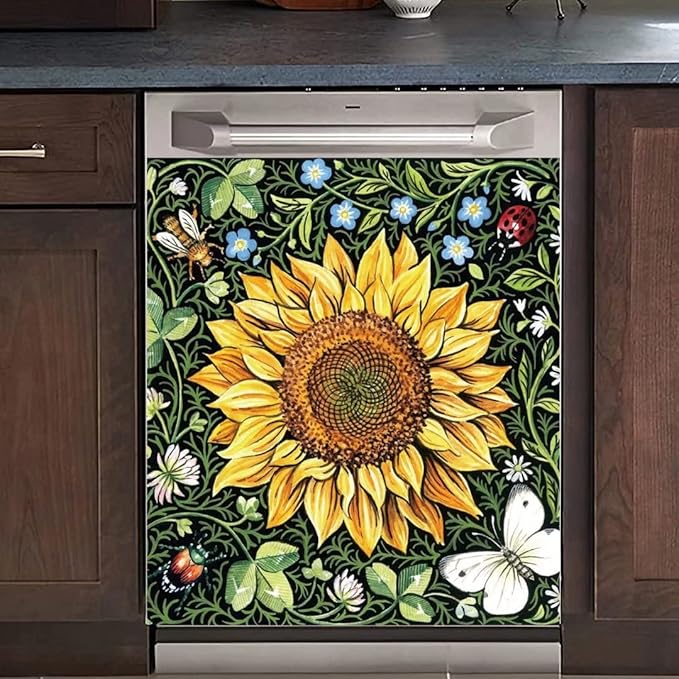 Sunflower Dishwasher Decorative Cover, Home Kitchen Dishwasher Decal Floral Refrigerator Cover Decals, Ordinary 23"x26"INCH