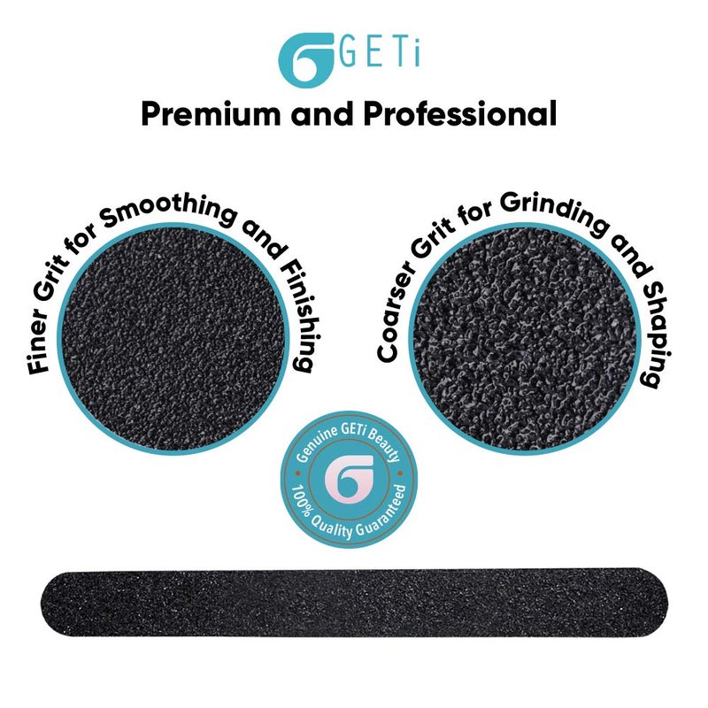 Nail File 180 grit / 180 grit | Natural,Gel or Acrylic | Washable and Reusable | Black Emery Cushion | 10-Pack by Geti Beauty | U.S.A. Made