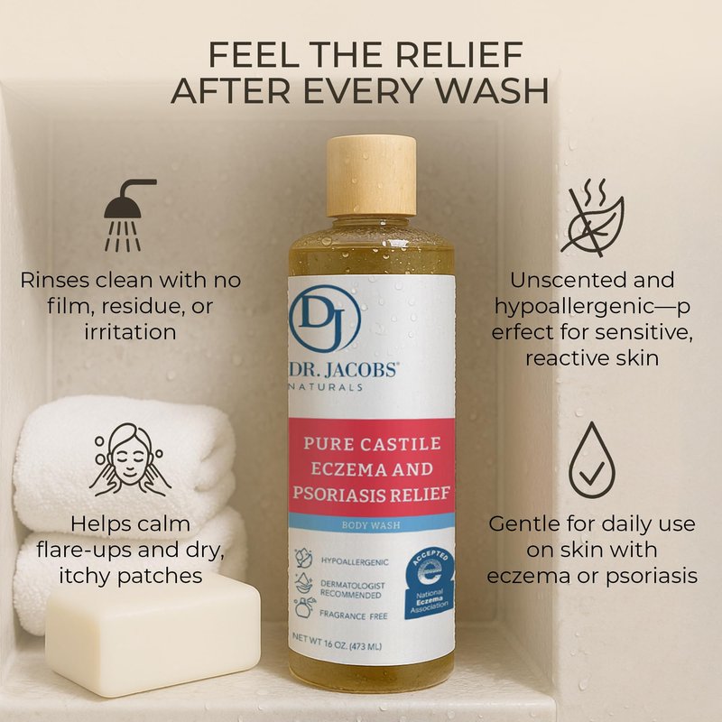 Dr. Jacobs Naturals Hypoallergenic Castile Soap, Dermatologist Tested Unscented Soap for Eczema & Psoriasis Relief - Sensitive Skin Body Wash Vegan & Gluten-Free Formula for All-Day Hydration 16oz-2PK