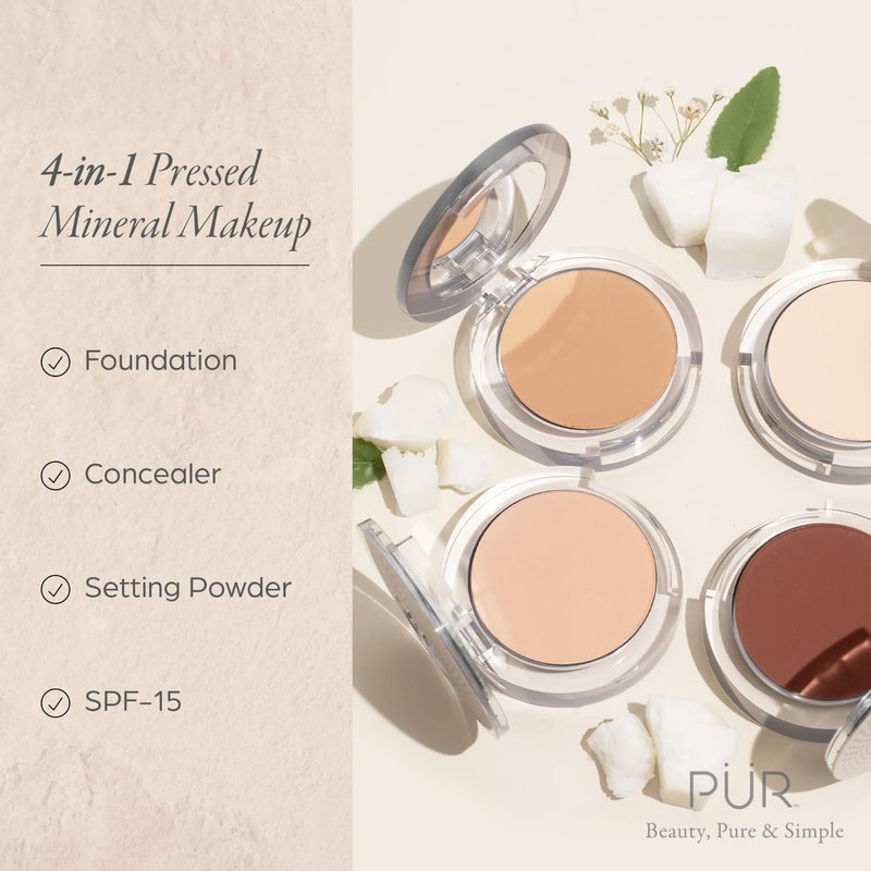 PUR Beauty 4-in-1 Pressed Mineral Makeup Powder Foundation with SPF 15 - Concealer & Finishing Compact Pressed Powder for Face - Buildable Medium to Full Coverage Foundation Powder (Golden Dark)