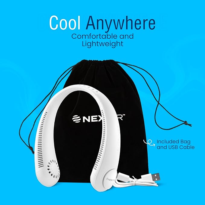 NEXAIR Portable Neck Fan Hands Free Cooling Lightweight Bladeless Neck Fan, 3 Speeds, 2400mAh Battery, 5H Runtime White