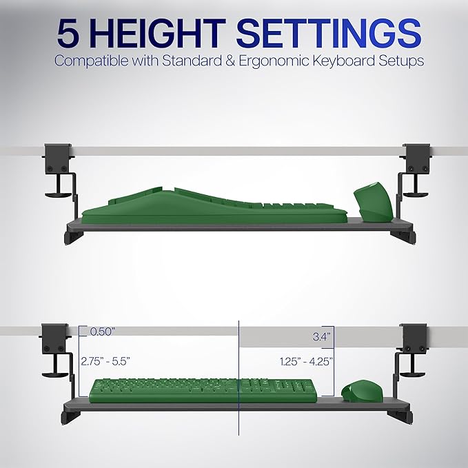 VIVO Large Height Adjustable Under Desk Keyboard Tray, C-clamp Mount System, 27(33 Including Clamps) x 11 inch Slide-Out Platform for Typing, Black, MOUNT-KB05HB