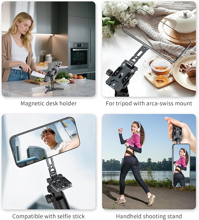 Magnetic Phone Tripod Mount Adapter for MagSafe, Aluminum Foldable Phone Holder with Arca-Swiss & 1/4" Screw Hole, Cold Shoe Mount for Camera, Pocket Mini Selfie Stick Tripod Mount for iPhone/Android