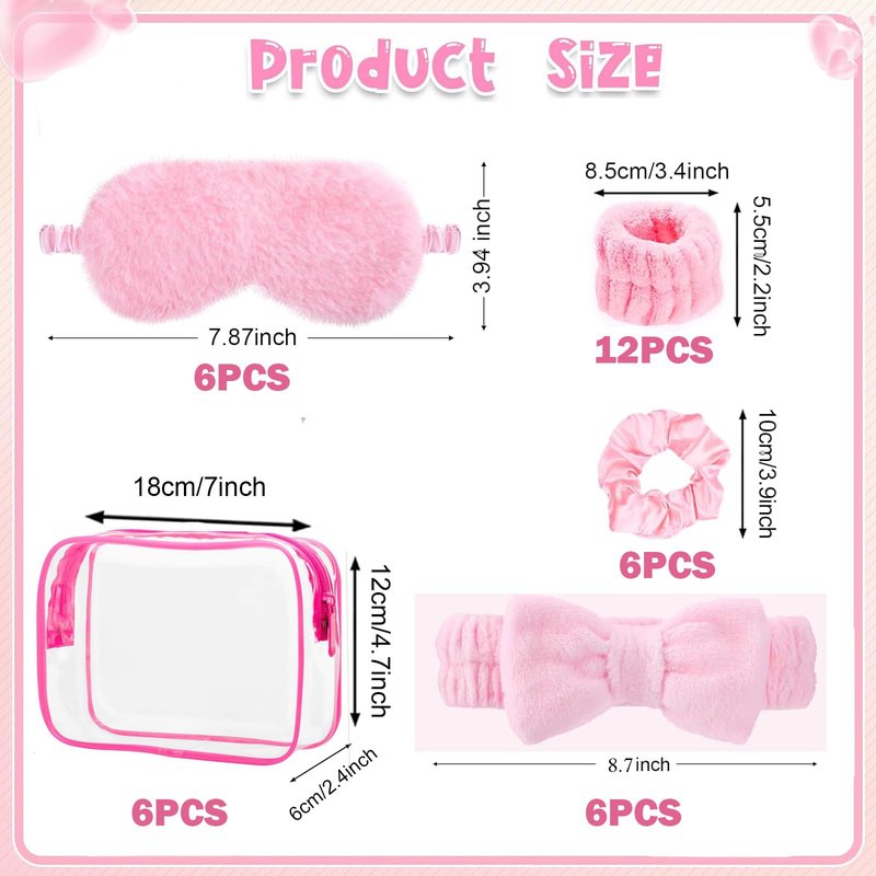 LEFIMOT 36 Pcs Sleepover Party Supplies 12 Pink Spa Headband 6 Pink Plush Sleep Eye Mask 6 Velvet Scrunchies 6 Wristband 6 Clear Cosmetic Bags for Women Slumber Spa Party Favor Gift Skincare Makeup