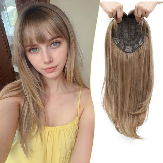 PANEWAY Hair Topper With Bangs Straight 18inch Toppers 6.5“ ×6.5” Base Premium Synthetic Hair Pieces For Women-Light Brown with Dark Root