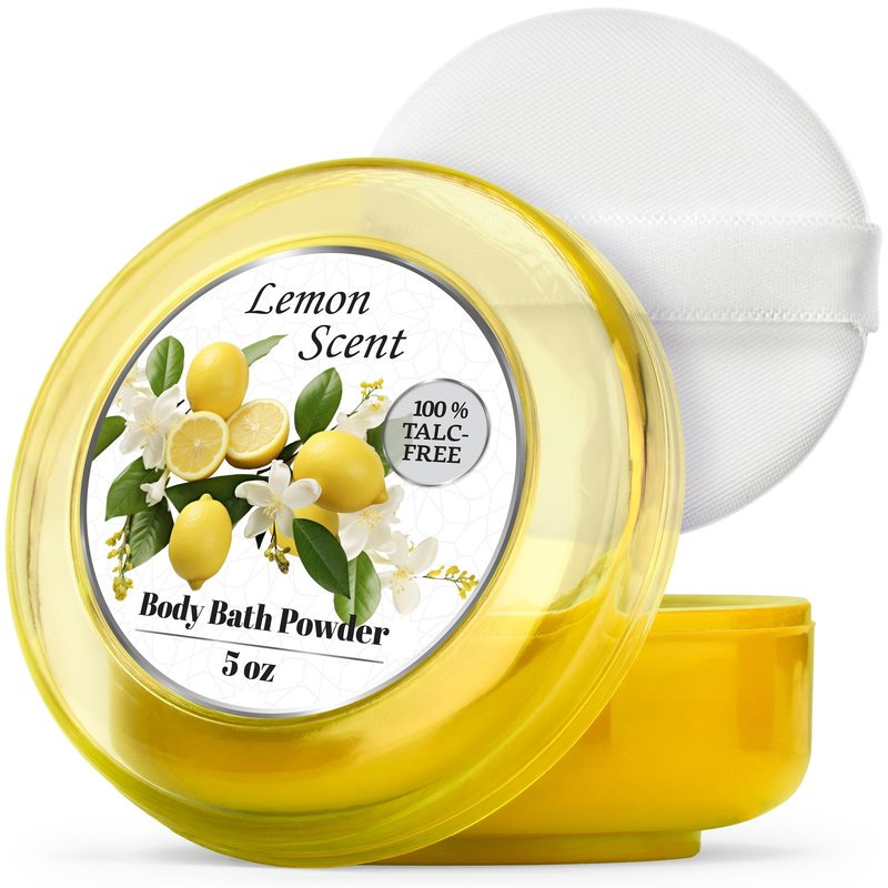 R-NEU Body Powder for Women with Powder Puff, 100% Talc-Free, Luminous Lemon Scented Dusting Powder, After Bath for Soft Skin, Extra Large, 1 Pack (5oz)