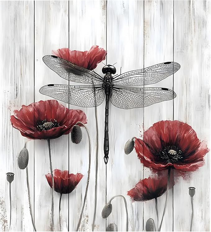 NYZE Dishwasher Magnets Cover, Dishwasher Magnetic Sticker Decorative, 23 x 26 Inch Removable Reusable Magnet Dish Washer Cover Mat for Dishwashers Kitchen Appliances (Red Flower & Dragonfly)