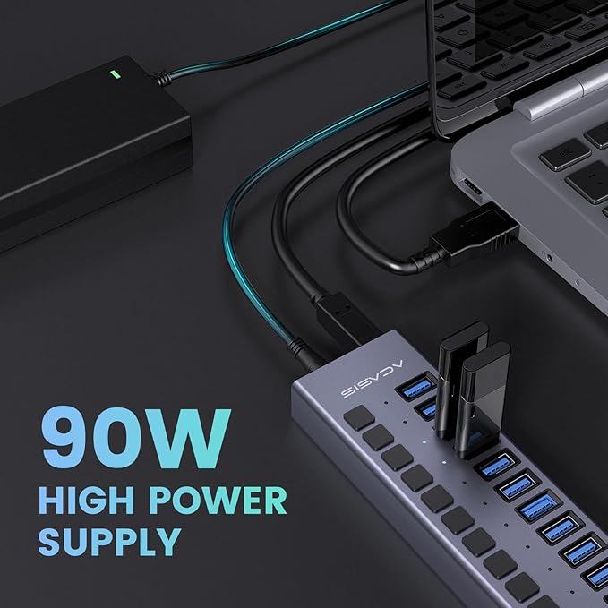 Powered USB Hub - ACASIS 16 Ports 90W USB 3.0 Data Hub - with Individual On/Off Switches and 12V/7.5A Power Adapter USB Hub 3.0 Splitter for Laptop, PC, Computer, Mobile HDD, Flash Drive and More