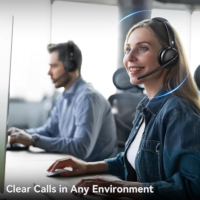 Wireless Headset with Mic for Work, Bluetooth Headphones with Microphone (Noise Cancelling) & Charging Base, Wireless Headset for Work from Home/Office/Call Center/PC/Computer/Teams/Zoom/Skype/Laptop