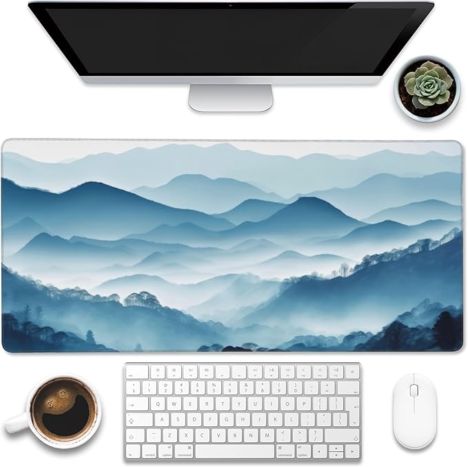 Eflxamz Large Gaming Mouse Pad, Mountain Desk Mat, Misty Forest Mountains Desk Pad, Extended Big Computer Keyboard Mouse Pad with Non-Slip Base and Stitched Edge, 35.4"x15.7"
