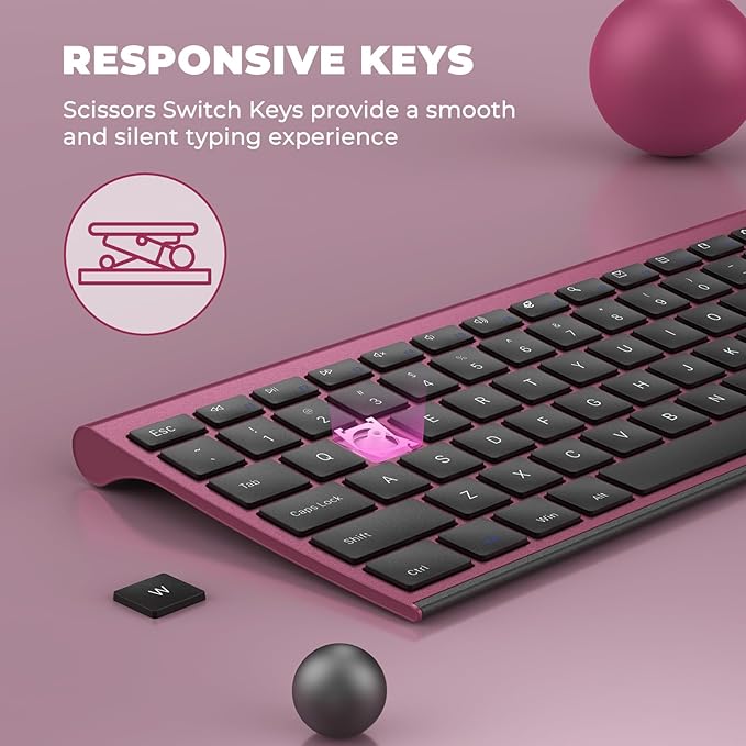 Rechargeable Compact Quiet Full-Size Keyboard and Mouse Combo with Nano USB Receiver for Windows, Laptop, PC, Notebook-Black and Red