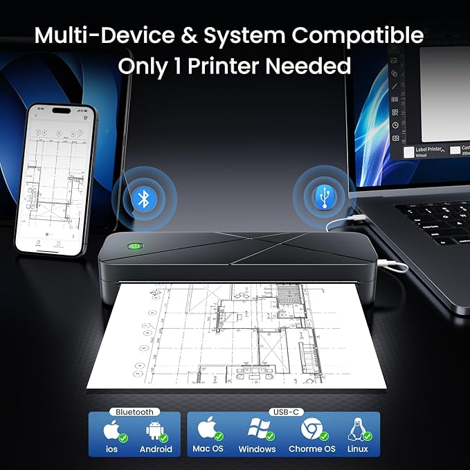 TATTMUSE Portable Printers Wireless for Travel, Inkless Printer for Phone & Laptop, Thermal Bluetooth Small Compact Mobile Printer for Home Use, Support 8.5" X 11" US Letter & A4 Size