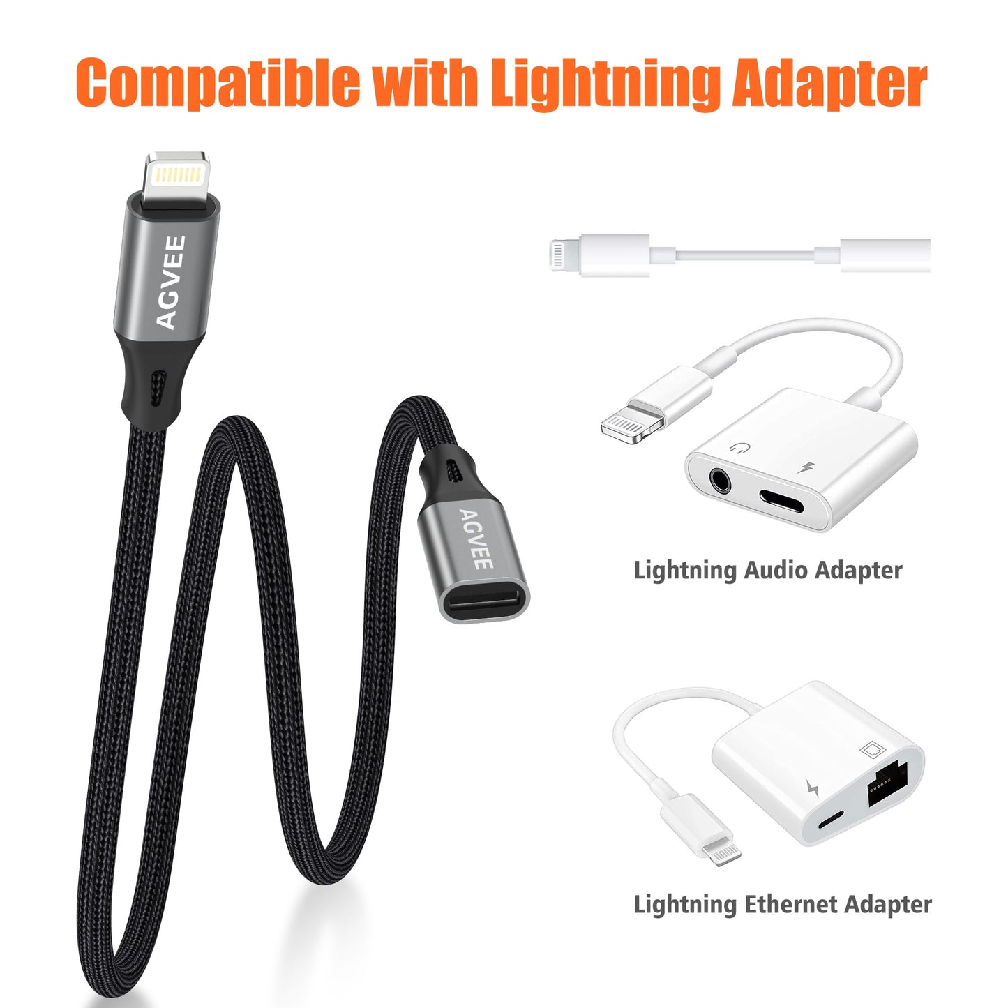 AGVEE 6.6ft Lightning Extension Cable, Braided Female to Male Extender Full Function Cord Compatible with iPhone iPad, Data Sync Video Audio & Charging Connector Adapter, Dark Gray