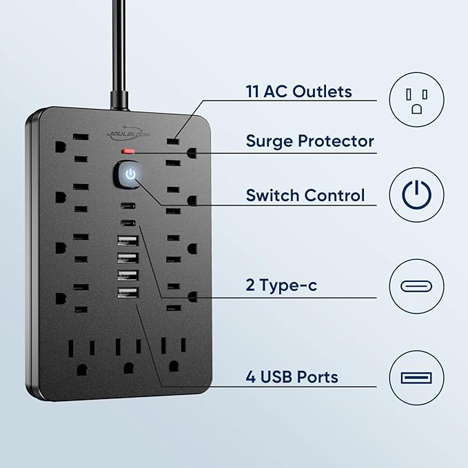 JouleLoom 2PCS 5 FT Flat Plug Surge Protector Power Strip,11 Multiple AC Outlets with 6 USB Ports (2 USB C), 5 Feet Extension Cord, 1250W/10A, One Touch Switch Button, 17 in 1 Compact powerstrip