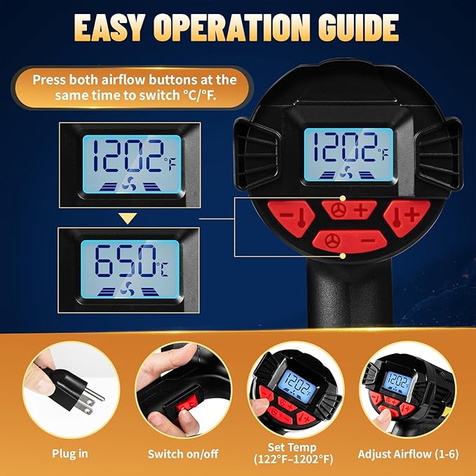 TECKWRAP Heat Gun 2000W 110V with LCD Display, Adjustable Hot Air Gun for Vinyl Wrap, Shrink Wrap, Paint Removal & DIY Crafts (122–1202°F)