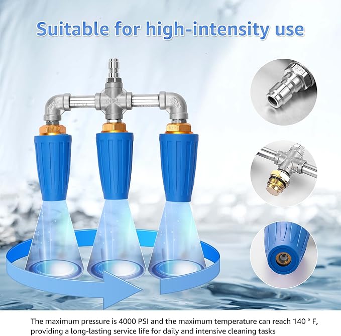 3 in 1 Pressure Washer Nozzle 360Â° Rotating 4000 PSI with 1/4" Quick Connector Pressure Washer Tip Turbine Nozzle Time Saving Triple for Cleaning Driveways Walls Decks