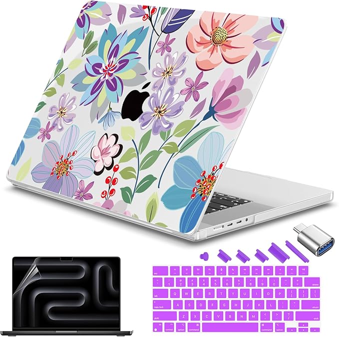 Teryeefi for M5 MacBook Pro 14 inch Case M4 M3 M2 M1 (2025 2024 2022 2021) Model A3112 A3185 A3401 A2918 A2992 A2779 A2442, PC Hard Shell+ Keyboard Cover +Type C Adapter, Pretty Flowers Clear-104
