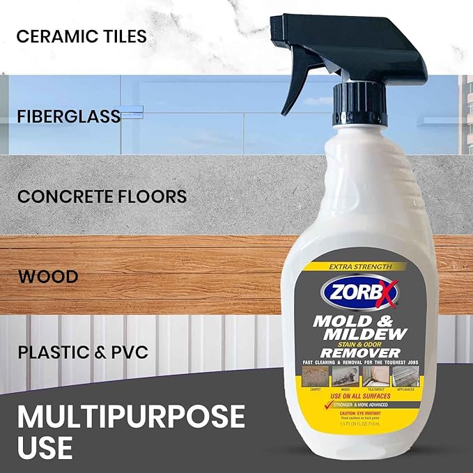 ZORBX Extra Strength Remover & Cleaner Spray 24 FL Oz â Scrub Free Formula - Bleach Free Stain & Smell Eliminator for Shower, Bathroom, Ceiling, Carpet, Cars, Walls & Wood
