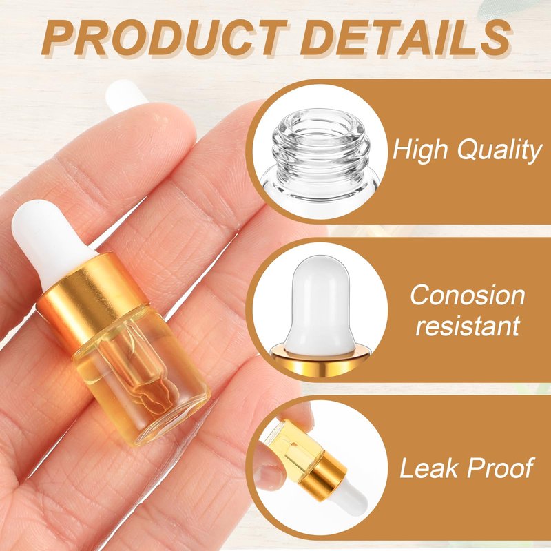 wutfuooo 100 Pcs Mini Glass Oil Dropper Bottle Bulk, 2 ml Gold Clear Essential Small Empty Bottles Sample Containers Perfume Liquid Vials with Cap for Traveling
