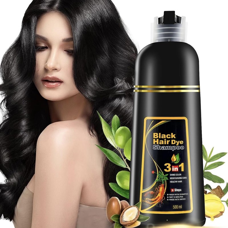 500ML Permanent Black Hair Color Dye Shampoo - Organic Natural Plant Essence for Women & Men, Covers Gray/White Hair, Instant 3-in-1 Hair Colouring Herbal Shampoo, 17 Fl Oz (BLACK)