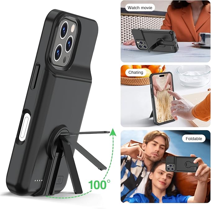 GIN FOXI Battery Case for iPhone 16 Pro, Charging Case with Holder 8000mAh Rechargeable Charger Ultra-Slim Anti-Fall Protection Extended Battery Pack Juice Box for iPhone 16 Pro 6.3" Black