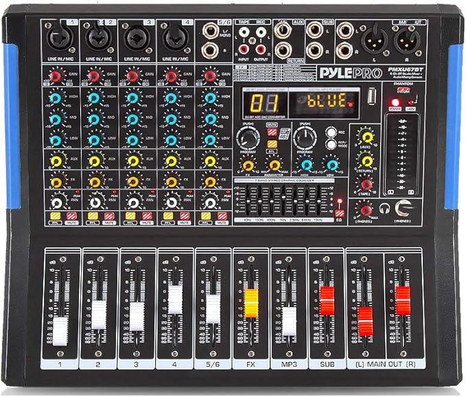 Pyle 6-Channel Console Style Audio Mixer with Bluetooth - DJ Sound Controller, 4 XLR / Combo Inputs, Sub Out, +48V Phantom, USB-A In, 16 DSP Effects, MP3 Player, 7-Band EQ - PMXU67BT
