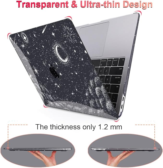 LCMOCICO for MacBook Air 13 inch Case 2021 2020 2019 2018 Release M1 A2337 A2179 A1932, Glitter Crystal Black Pritned Pattern Plastic Hard Case Cover for Mac Air 13.3" M1 Touch ID, Stars & Moon