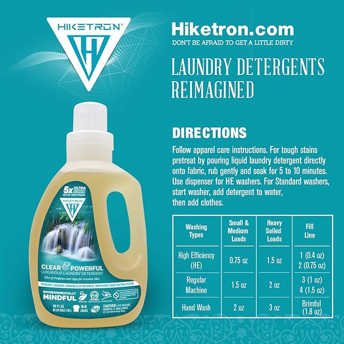 Hiketron Clear & Powerful Unscented Liquid Laundry Detergent, 5x Ultra Concentrated, Tough Stains Remover, (40 Fl Oz, Pack of 1)