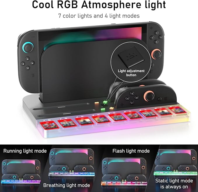 Charger Charging Dock for Nintendo Switch 2 (2025), Charging Dock Station for Joycon 2 with RGB Light Mode, 9 Game Slots, Game Accessories Storage Organizer