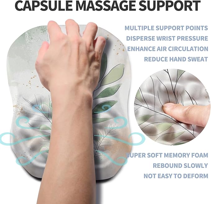 Gleamtide Ergonomic Raised Mouse Pad Wrist Support with Bilateral Slope Memory Foam Mousepad for Wrist Rest and Carpal Tunnel Pain Relief 11.8x7.9〃 Green Leaf