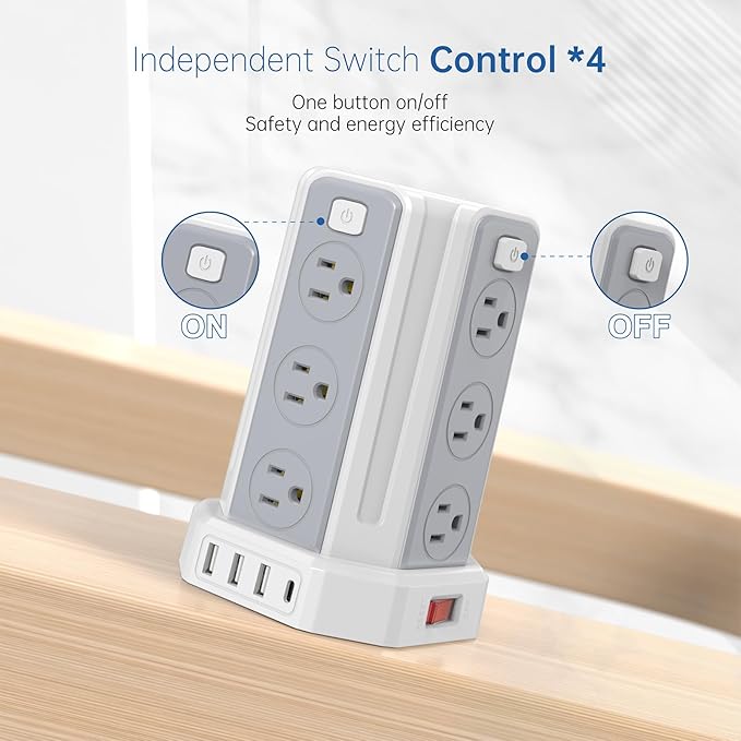 Power Strip Surge Protector, 16.4 Ft Extension Cord with 12 AC Multiple Outlets 4 USB (1 USB C), SMALLRT Power Tower Desktop Charging Station