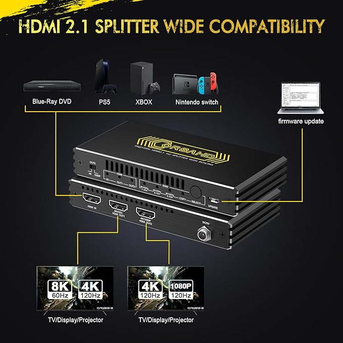 CORSAHD 8K@60Hz 4K@120Hz HDMI 2.1 Splitter 1 in 2 Out,48 Gbps,HDCP 2.3,Supports VRR,ALLM,HDCP Bypass,EDID,Duplicate/Mirror/Copy,Downscale,HDR,Dolby Vision Atmos,Soundbar