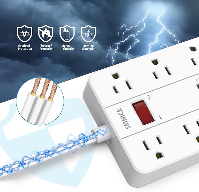 SMNICE Power Strip with USB, Power Strip Flat Plug with 8 Widely Spaced Outlets and 6 USB Ports(1 USB C), 5ft Extension Cord Wall Mountable Phone Tablet Laptop Computer Multiple Devices