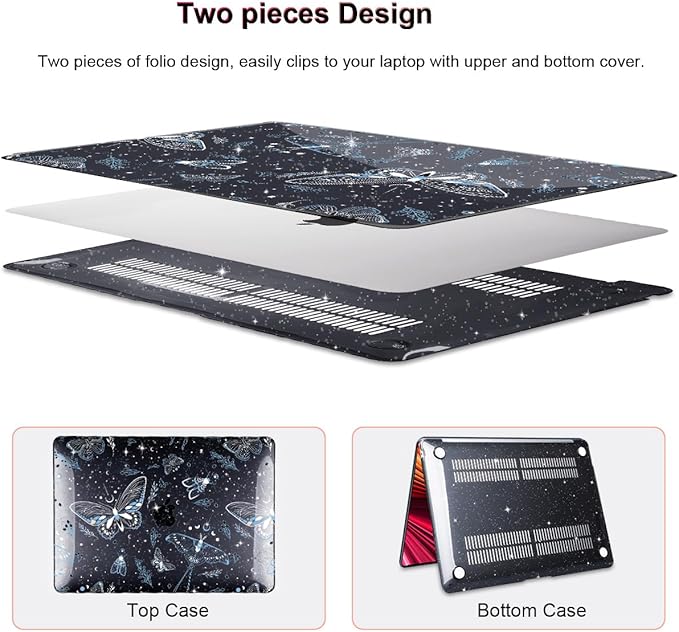 LCMOCICO for MacBook Air 13 inch Case 2021 2020 2019 2018 Release M1 A2337 A2179 A1932, Glitter Black Pritned Pattern Hard Case Cover for Mac Air 13 M1 Retina Display with Touch ID, Butterfly Sky