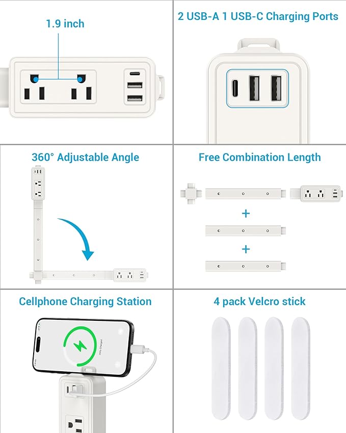Outlet Extender Stick, 360° Rotatable Plug Expander with 2AC Outlets, 2USB-A, USB-C, 9"-36" Extendable Wall Plug for Hard-to-Reach Areas Behind Couch, Nightstands, Bed & Furniture, Dorm Essentials