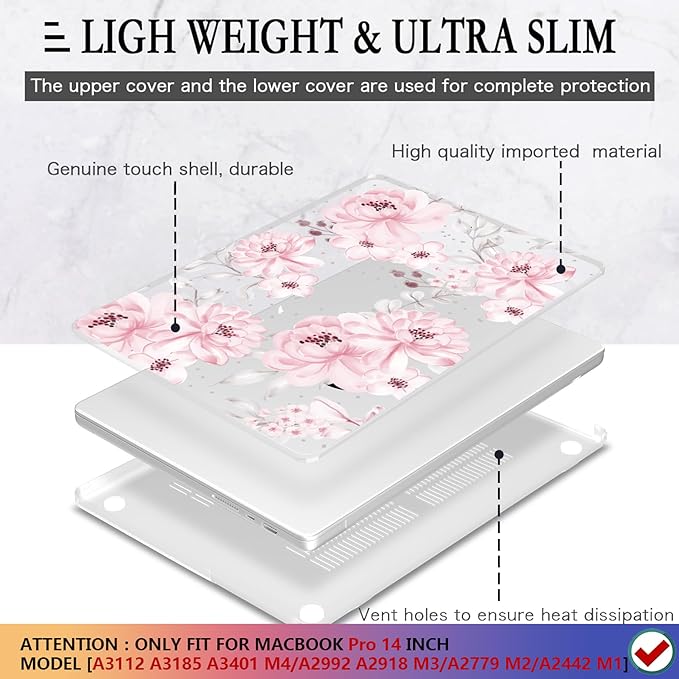 CISSOOK Compatible with MacBook Pro 14 inch 2026-2021 Release M5 M4 M3 M2 M1 Chip A3434 A3427 A3426 A3112 A3185 A3401, Hard Shell Case Keyboard Cover Screen Protector, Cute Pink Flower