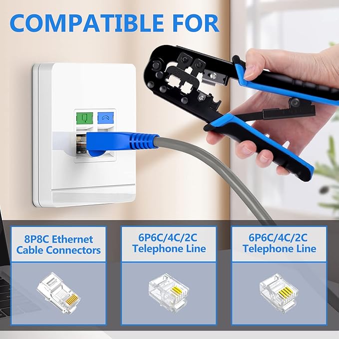 Delgada RJ45 Crimp Tool, Ethernet Crimper for RJ-11,6P/RJ-12,8P/RJ-45 Crimp, with 20pcs Cat5 Cat5e RJ-45 Connectors-20PCS Covers-1 Network Wire Stripper