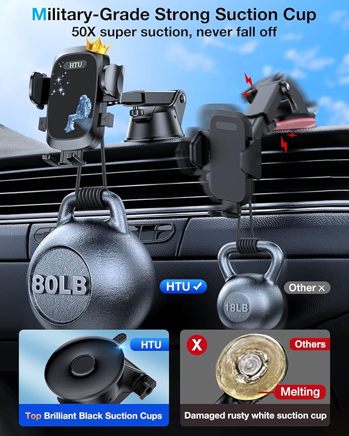 HTU Car Phone Holder【2026 Upgraded 100+LBS Suction & Safety Cert】 Cell Phone Car Mount for Truck Heavy Duty Phone Holder for Dashboard/Windshield/Vent for iPhone 17 16 Pro Max, Navy Blue