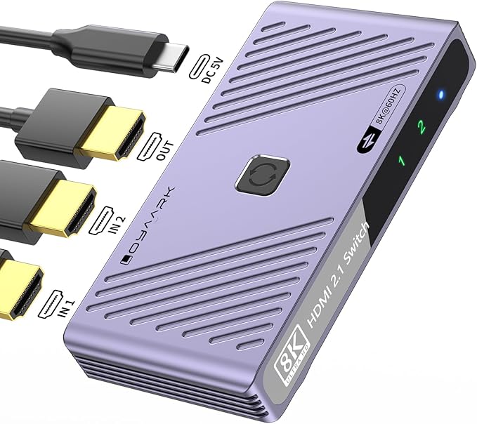 HD Switch 4K120Hz 8K60Hz – 2-in-1-out HD 2.1 Switch Box, Port Expander, Selector (with Remote Control), Supports 3D/HDR/HDCP 2.3, Compatible with PS5/4/3, Xbox, Switch, DVD Players, TVs and Computers