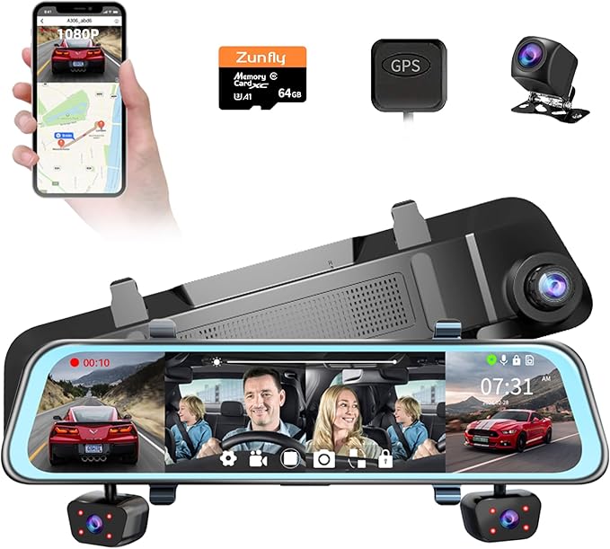 Zunfly Mirror Dash Cam 4 Channel Dash Cam Front and Rear/Inside, Touch Screen 12’’ FHD 1080Px4 Rear View Mirror Camera, 8 IR Night Vision, Built-in WiFi, GPS, Parking Monitor