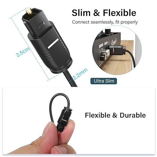 Adoreen Ultra-Thin Slim Digital Optical Audio Cable 12FT, Fiber Optic SPDIF Toslink Cord Gold-Plated High-Speed Flexible & Durable for TV Soundbar Home Theater Game Console PS4 Xbox Samsung +Ties