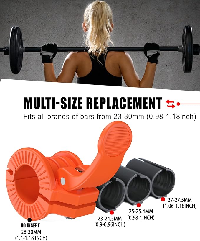ZY-HUAN Barbell Clips 1 inch Barbell Clamps 0.9-1.18inch Quick Release Weight Clips for Bars Multi-Size Adjustable Olympic Barbell Clamps (Orange)