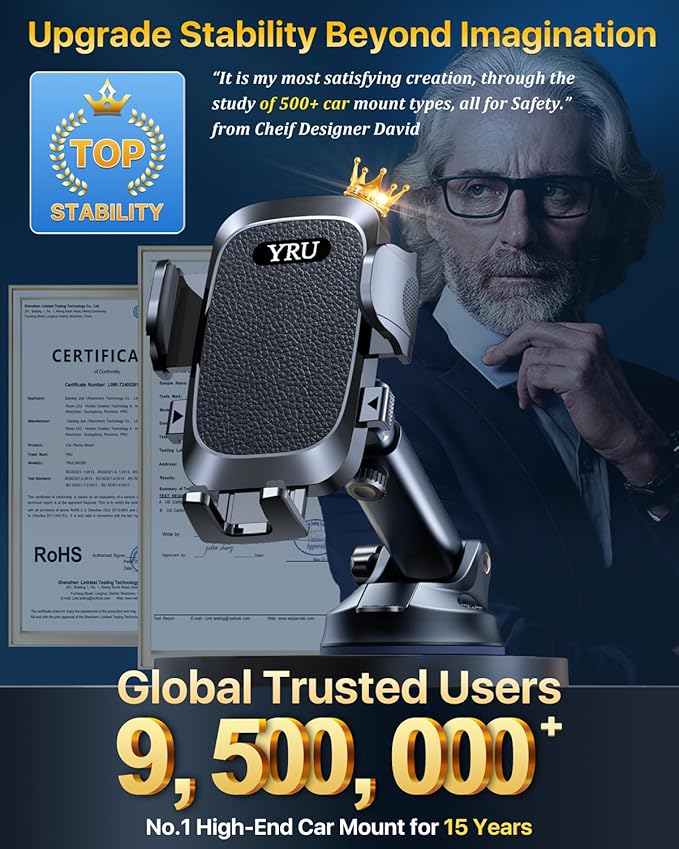 [True Upgrade for Safety] YRU Car Phone Holder Mount [Patent & Military-Grade] Dashboard Cell Phone Holder for Car Vent Windshield Phone Stand for iPhone17 16 15 14 13Pro Max Truck Samsung, Dark Black