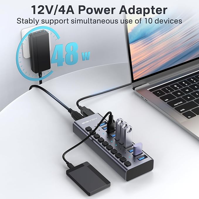 Powered USB 3.2 Hub, ACASIS 10 Ports USB 3.2 Hub with 10Gbps Data Speed, Aluminum Housing, USB Hub Powered with 48W Power Adapter, USB Hub for PC/Laptop, Computer, Flash Drive, Printer, Camera