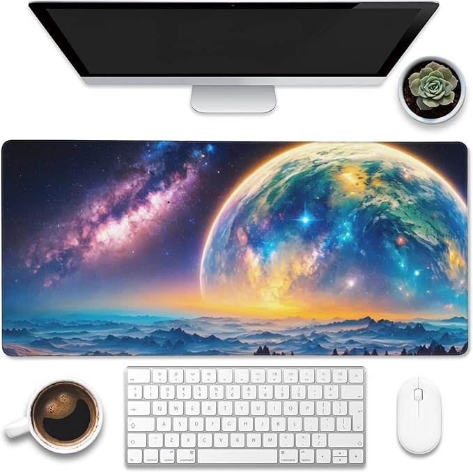 Eflxamz Desk Mat,Galaxy Earth Planet Desk Pad,Science Fiction Cosmic Large Gaming Mouse Pad for Desk,Extended Big Computer Keyboard Mouse Pad with Non-Slip Base and Stitched Edge,35.4"x15.7"