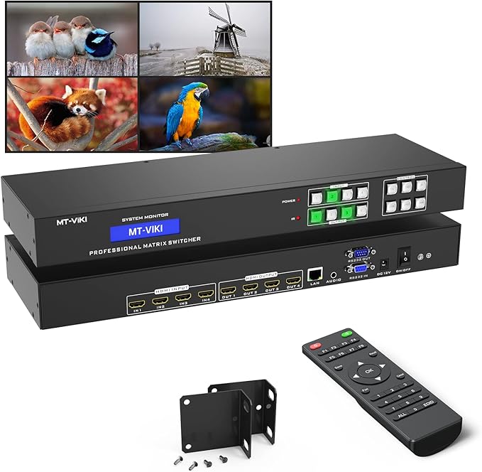 MT-VIKI 4K HDMI Matrix Switch 4x4 with Audio Extraction +Web GUI+ Remote, Rack Mount Switcher & Splitter, 4K@30Hz, EDID, RS232, LAN Port, APP for Conference Room, Church (4 in 4 Out)