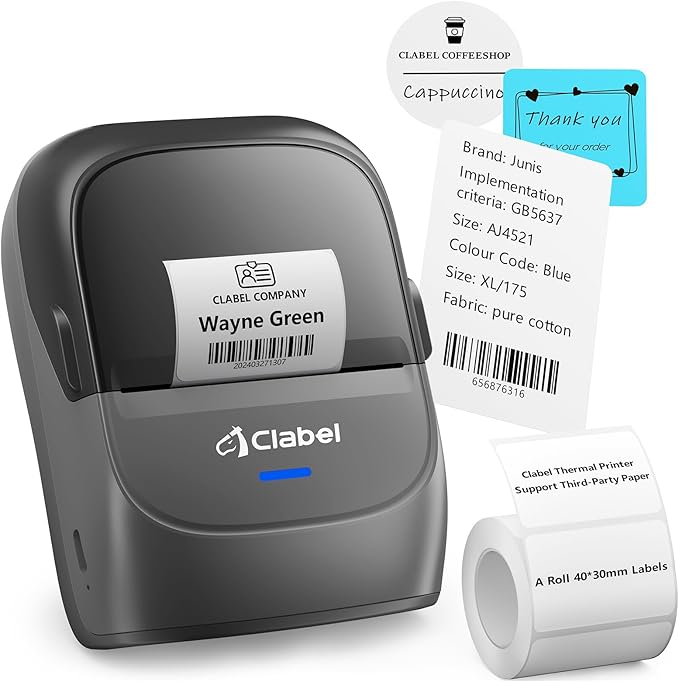 CLABEL Label Maker Machine with Tape, 221B Thermal Bluetooth Label Printer 2 Inch Portable Barcode Inkless Sticker for Small Business, Retail Office,Office, Home, Came with 1 Roll Label (Grey)