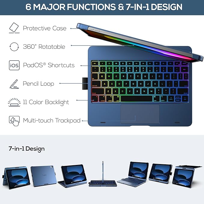 typecase Touch iPad 11th 10th Generation Case with Keyboard (11" 2025, A16 & 10.9" 2022) – 360° Rotatable, 11-Color Backlit, Multi-Touch Trackpad, Pencil Holder, Thin & Light – Midnight Blue