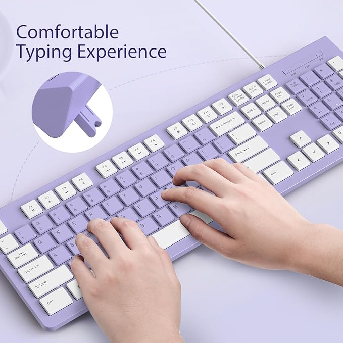 COLIKES Wired Keyboard, Ultra-Thin USB Wired Computer Keyboard, Low-Profile Keys, Spill-Resistant, Multimedia Keys, Compatible with Windows, Mac, Chrome, Linux, and Android-Purple